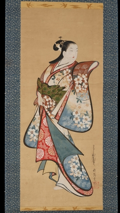Standing prostitute wearing a kimono with plum-blossom motif by Kaigetsudō Anchi