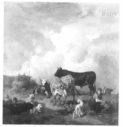 Stier mit zwei Kühen, Schafen und Sennerin by Anton Braith