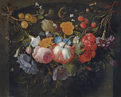 Still life of a swag of flowers hanging in a niche, with gooseberries, strawberries, roses, plums, an iris, a daisy and a spider