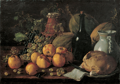 Still Life with Apples, Grapes, Melons, Bread, Jug and Bottle by Luis Egidio Meléndez