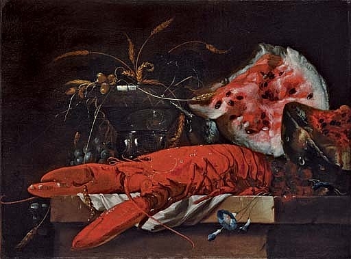 Still life with lobster and water melon