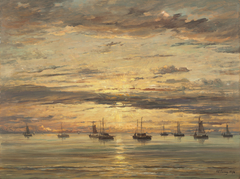 Sunset at Scheveningen:  A Fleet of Fishing Vessels at Anchor by Hendrik Willem Mesdag