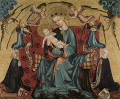 Tronende Maria en kind met engelen en stichters by Nürnberger Meister