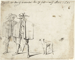 Twee mannen die een cape dragen en een hond by Harmen ter Borch