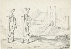Twee officieren die naar de ruïne van Kasteel Brederode kijken