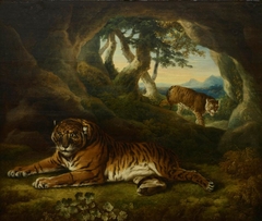 Two tigers in a rocky landscape by Sawrey Gilpin