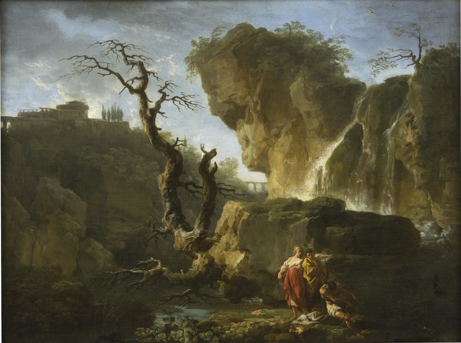 Un paysage avec un arbre mort, deux hommes et une femme
