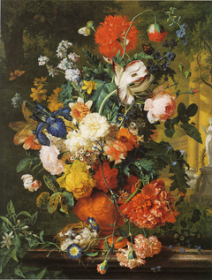 Vase of Flowers on a Garden Ledge by Jan van Huysum