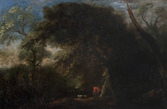 Wooded Landscape with Huntsmen and a Dog by manner of Herman van Swanevelt