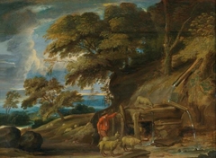 Wooded landscape with shepherd and sheep near a waterway