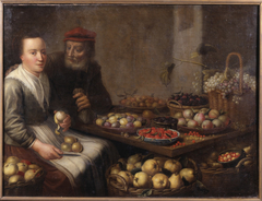 Young woman peeling a pear at a table with various fruits, an old man with a money bag adressing her