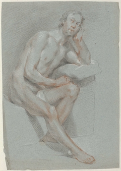Zittende naakte man, zijn hoofd met zijn hand ondersteunend by Hendrik Willem Schweickhardt