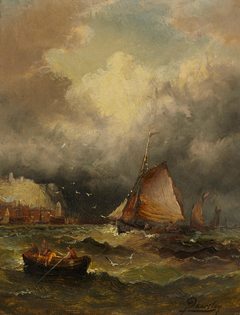 A coastal scene with men piloting boats on a turbulent sea and a town in the distance by Arthur Quartley