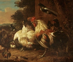 A Cock and Two Hens, with Chicks, in a Landscape Setting by Melchior d'Hondecoeter