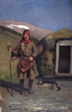 A Lapp with his Dog outside a Turf Hut by Frederik Collett