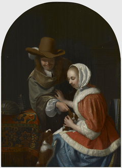 A Man Pulling a Lapdog's Ear in a Woman's Lap by Anonymous