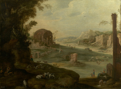 An Italianate Landscape with Ruins, Goatherds and their Flocks by Anonymous