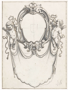 Cartouche met twee putti met een draperie by Pieter Jansz