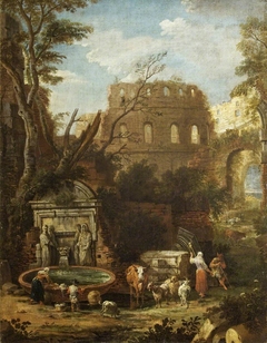 Classical Landscape with Ruins and Peasants by a Fountain by Anonymous