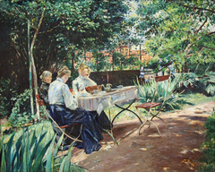 Die Familie des Künstlers im Garten by Theodor Hagen