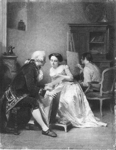 Een heer en een dame bezichtigen tekeningen in een schilderswerkplaats by Antoine Émile Plassan