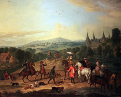 Elegant group of riders on a falcon hunt in a landscape with castle by Jan Peeter Verdussen