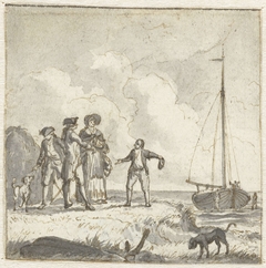 Enkele personen bij een boot aan de kust