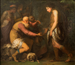 Fingal gives his weapons to Oscar. by Nicolai Abildgaard