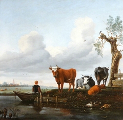 Four Cows by the Water's Edge with a Boy in a Boat by manner of Paulus Potter
