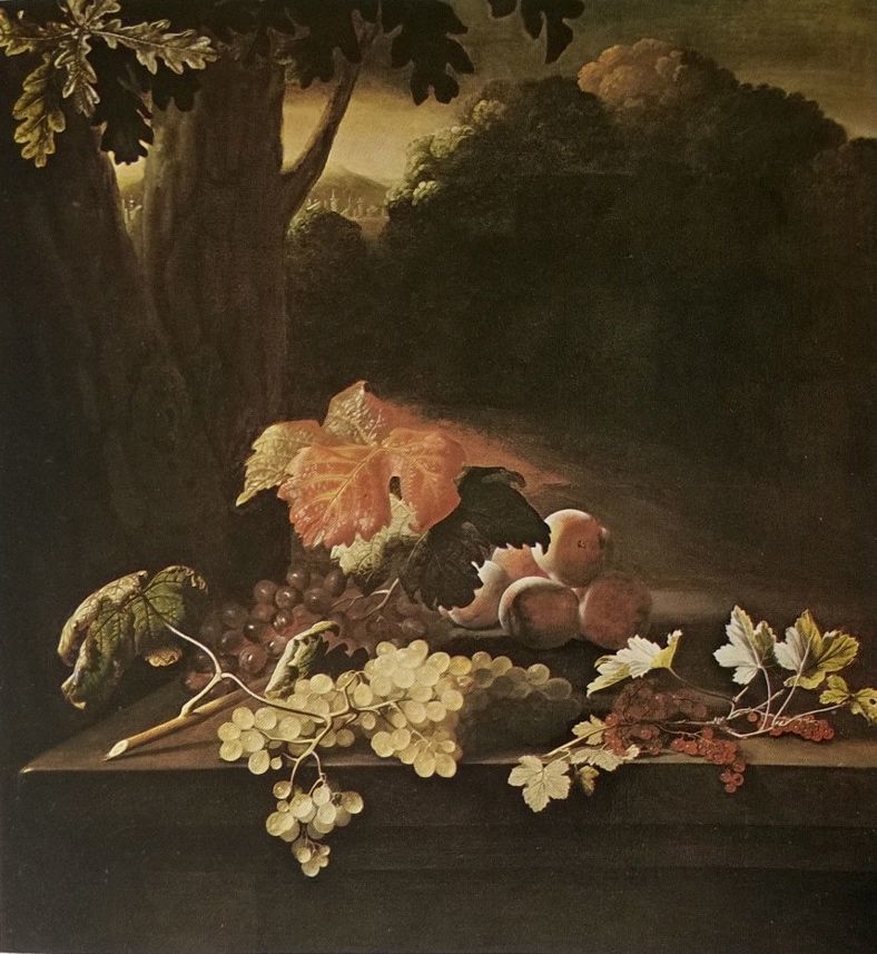 Fruit on a stone table in front of a wooded hilly landscape