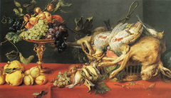 Game and fruit on a table by Frans Snyders