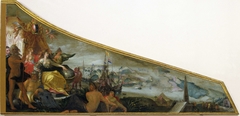 Harpsichord Lid showing an Allegory of Amsterdam as the Center of World Trade by Pieter Isaacsz.