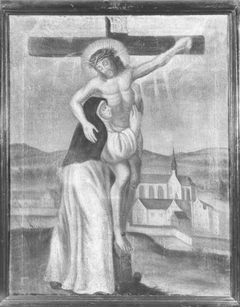 Heilige (Katharina van Siëna) aan de voet van de gekruisigde Christus