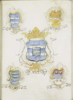 Het wapen van Jacob de Witte, vader van Laurens Jacobsz de Witte, met de wapens van zijn vier grootouders by Unknown Artist
