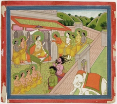 Illustrations to Life of Dhurva Maharaj: #14 Indra, King of Heaven is very anxious and afraid that Dhurva may win his throne by power. He consults the other Dev Kings by Anonymous
