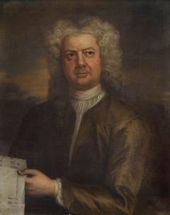 James Gibbs (1682-1754) holding a Plan of St Mary le Strand, London by William Aikman