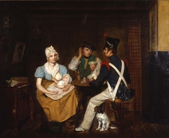 Kamerinterieur met zogende moeder en twee mannen by Tjeert Eernstman