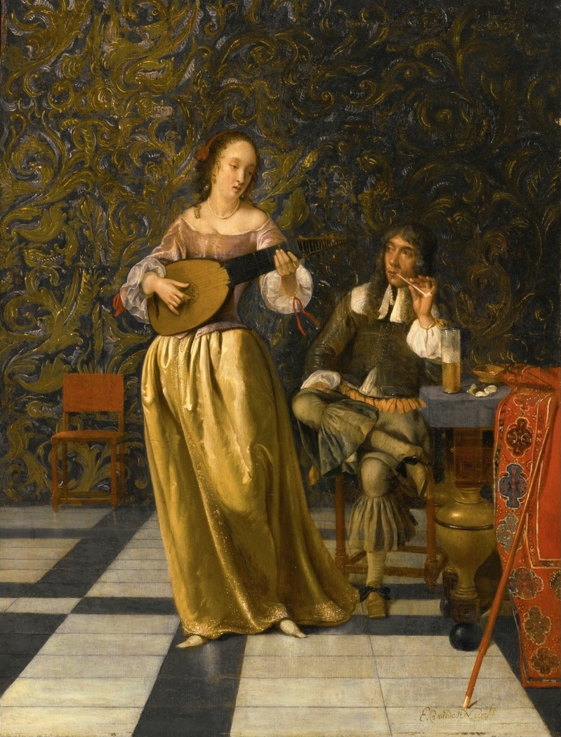 Lady Playing a Lute with Gentleman Seated at a Table
