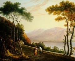 Landscape of a Lake with Distant Mountains and a Man and a Woman conversing on a Road by style of Richard Wilson