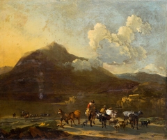 Landscape with cattle herd by a river by Nicolaes Pieterszoon Berchem