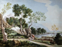 Landscape with Mythological Scene (possibly Diana and Endymion) by Anonymous