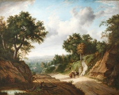 Landscape with Travellers on a Road through a Cutting with a Church Tower in the distance by James Leakey