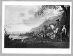 Landschaft mit Reiter im rotem Frack, Hirtin, Kühen und Schafen by Aelbert Cuyp