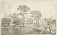 Landschap met twee huizen aan een water by Jan Jansz. den Uyl II