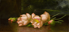 Lotus Flowers with a Landscape Painting in the Background by Martin Johnson Heade