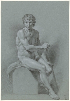 Mannelijk naakt zittend op een blok, een stok in beide handen (roeiend?) by Unknown Artist