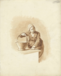 Meisje met emmer staande bij een tafel by Pieter van Loon