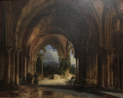 Moines dans une église gothique en ruines by Charles-Caïus Renoux