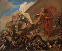 Noah mit den Tieren vor der Arche