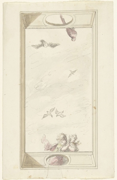 Ontwerp voor een plafondschildering met een balustrade met putti en vogels by Dionys van Nijmegen
